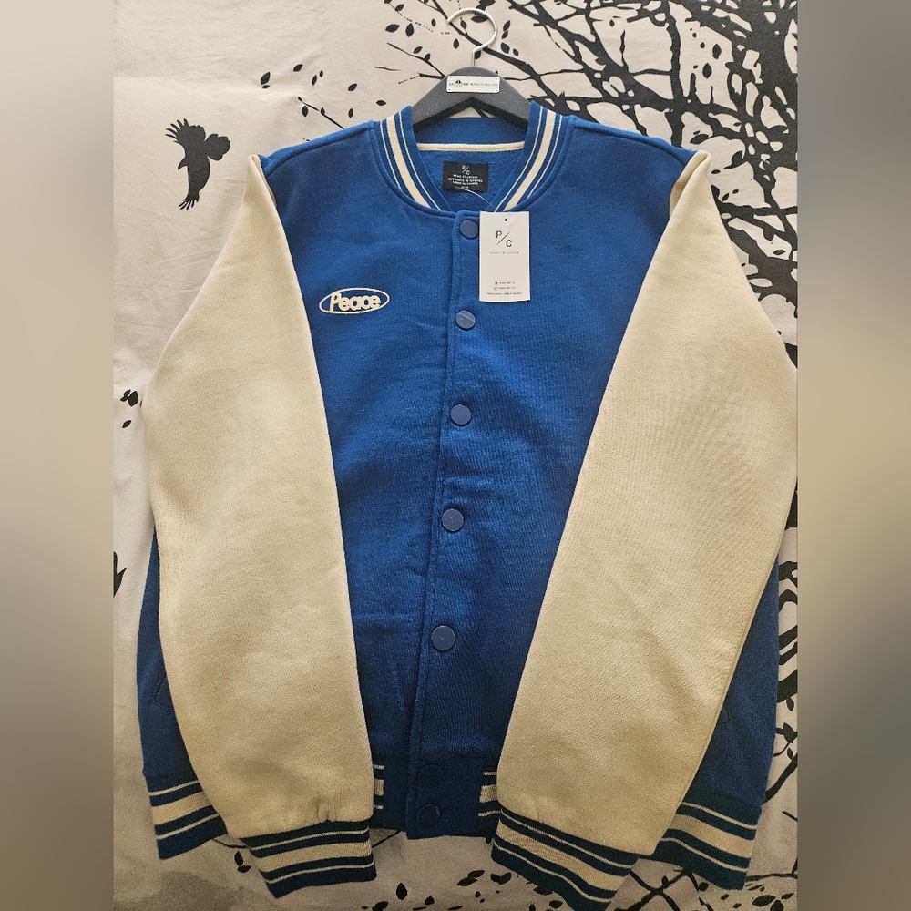 Peace Collective Blue and Cream Varsity Jacket/Letterman Jacket